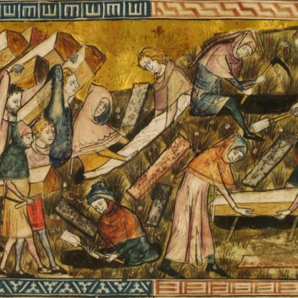 Medieval illustration depicting people carrying and burying coffins