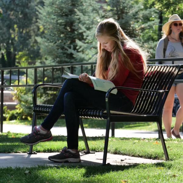 campus community member reading on a bench on campus