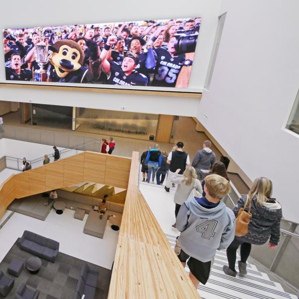 campus community members walking down the CASE staircase