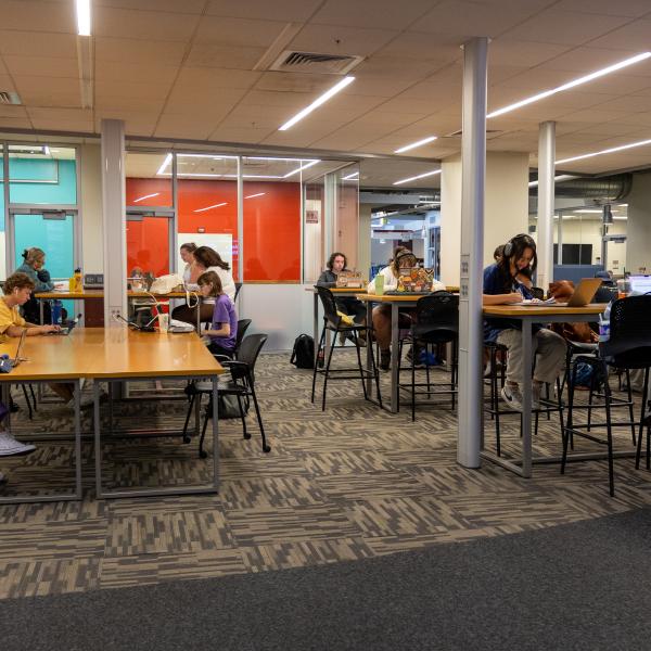 students studying in a campus library
