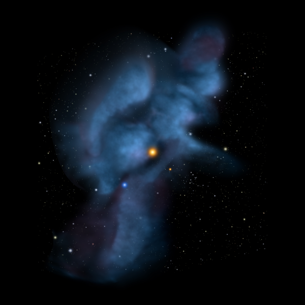 Graphic showing wispy clouds in space, with a yellow star at their center