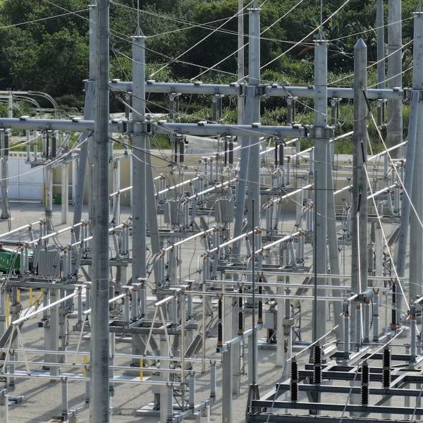 High-voltage power lines run through an electrical substation in Florida