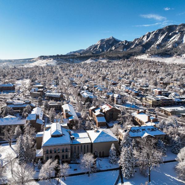 aerial view of snowy campus