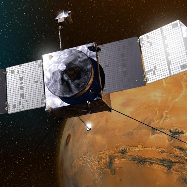 Illustration of a spacecraft with the planet Mars in the background