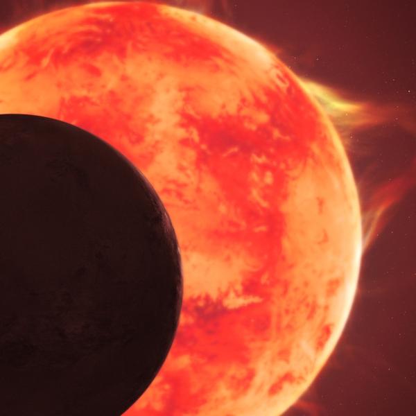 Illustration of the silhouette of a planet passing in front of an orange star