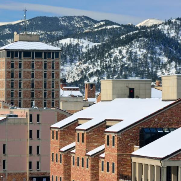 snow-topped buildings on campus