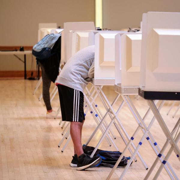 Two people stand at separate voting booths. (Glenn Asakawa/University of Colorado Boulder)