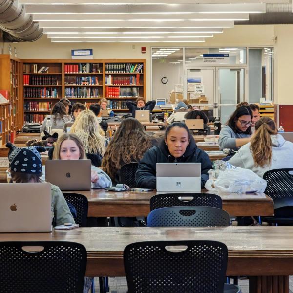 students studying in a library on campus