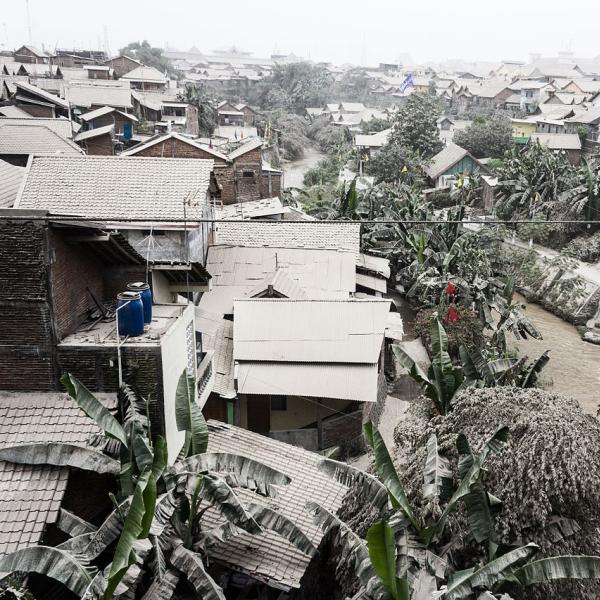 Ash covers rooftops in the Indonesian city of Yogyakarta.