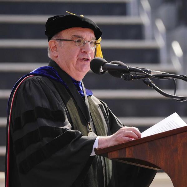 Chancellor Philip P. DiStefano gives a speech at the spring 2018 commencement ceremony.