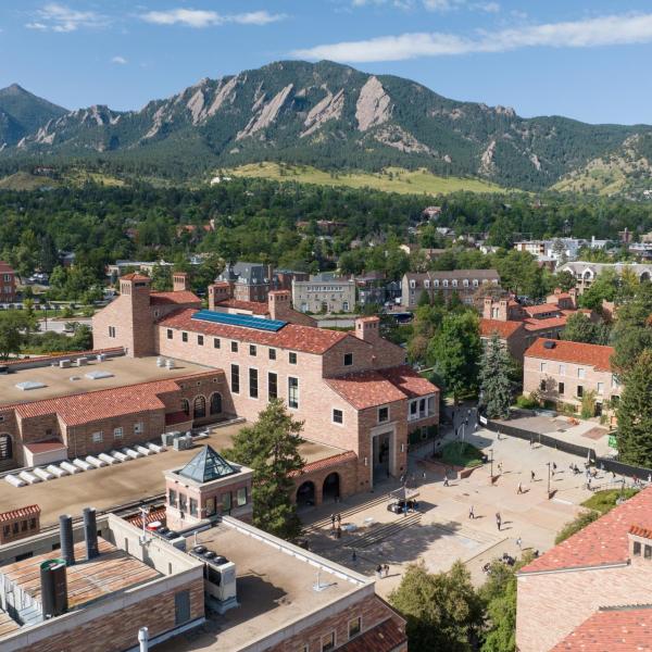 An aerial photo of the UMC fountain area