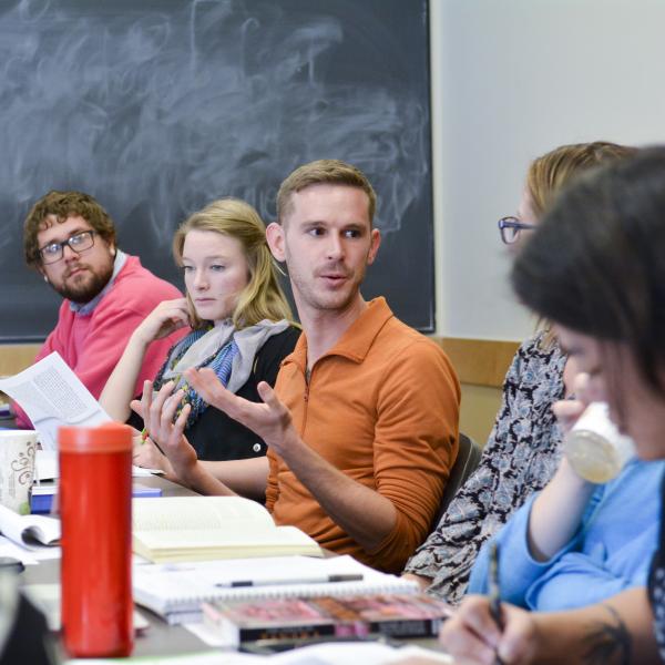 Students discuss religion in Holly Gayley's First-Year Seminar Religious Studies course