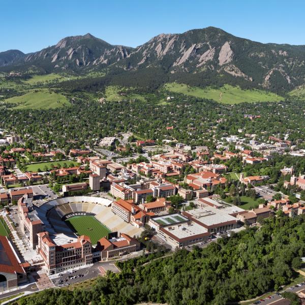 Aerial view of CU Boulder Main Campus and Flatirons