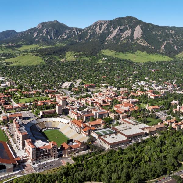 Main campus is seen from above with the Flatirons in the background.