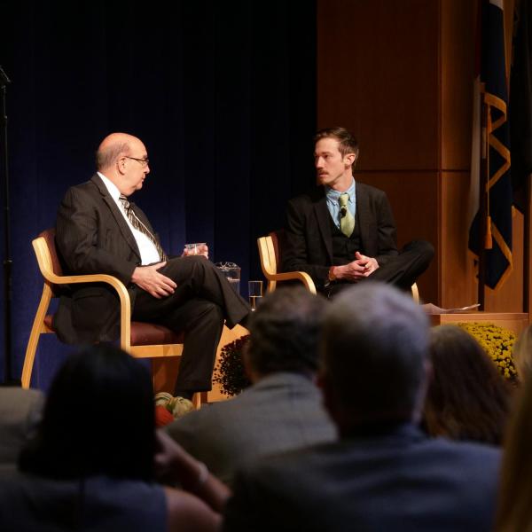 Philip DiStefano and moderator John Kelly following at the 2017 State of Campus. (Photo by Glenn Asakawa/University of Colorado)