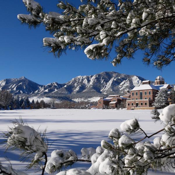 CU Boulder campus in the snow