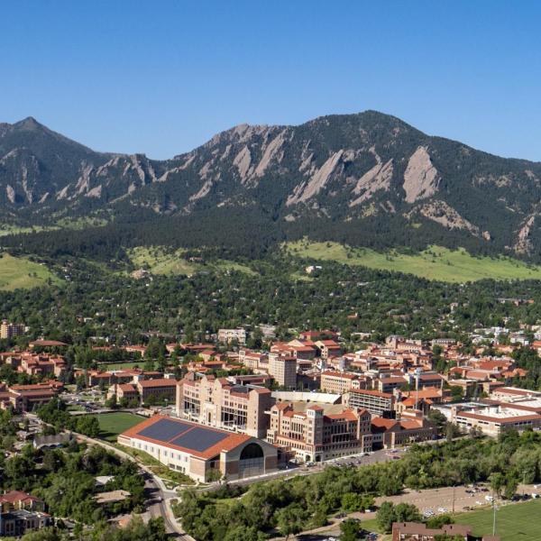 An aerial view of the CU Boulder campus