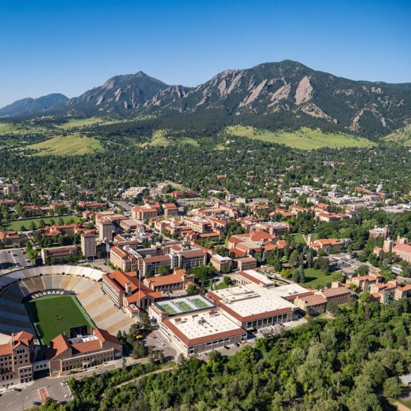 An aerial view of the CU Boulder campus