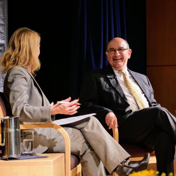 Leeds School of Business Dean Sharon Matusik moderates a question and answer session from the CU Boulder community with Chancellor Phil DiStefano following his 2018 State of Campus speech at the UMC Glenn Miller Ballroom. (Photo by Glenn Asakawa/University of Colorado)