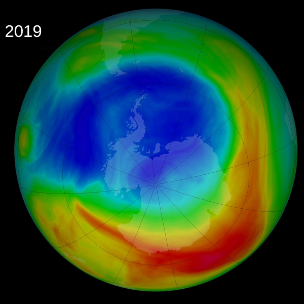 This NASA visualization depicts ozone concentrations from Sept. 8, 2019 in Dobson Units, the standard measure for stratospheric ozone