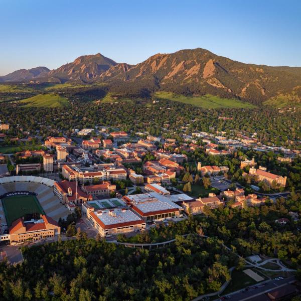 An aerial view of the CU Boulder campus