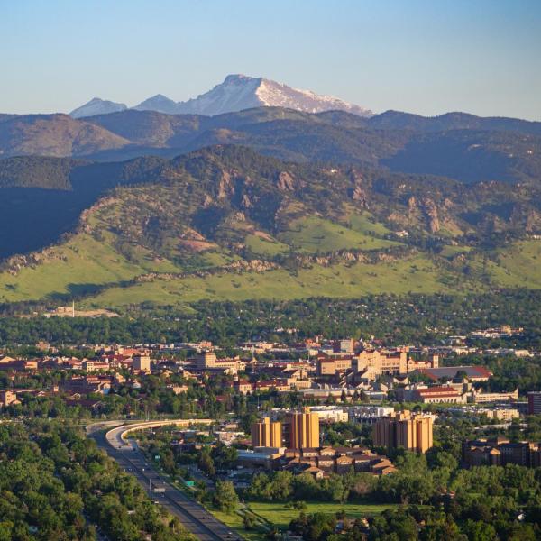 aerial view of campus and surrounding area