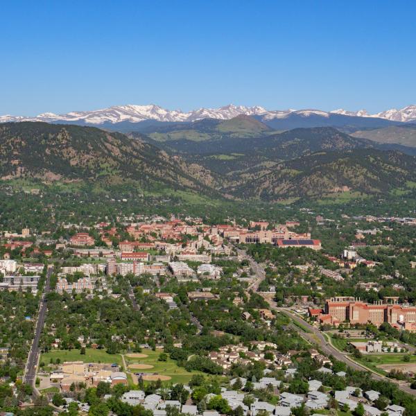 Aerial view of the CU Boulder campus and surrounding area