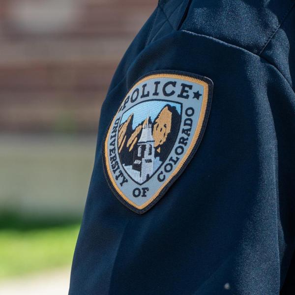 close up of CU Boulder police officer's uniform patch