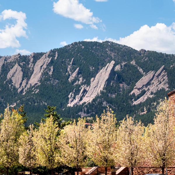 View of the Flatirons from CU Boulder campus in spring.