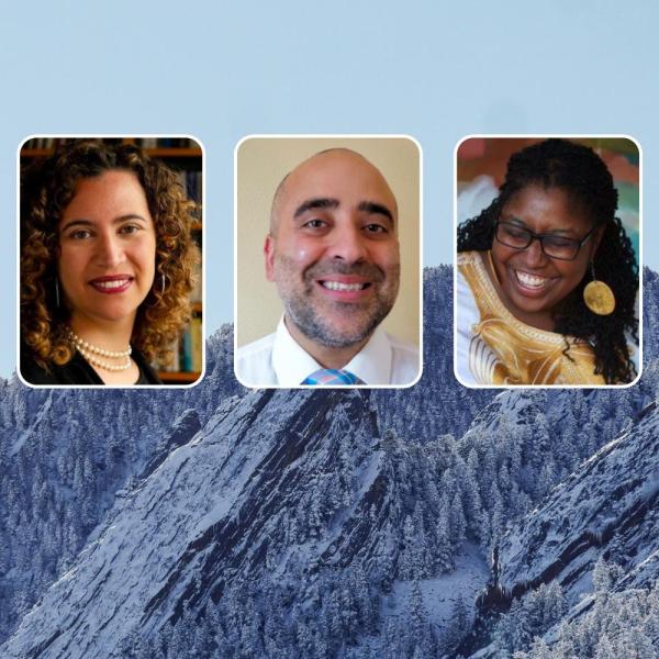 Snowy Flatirons and headshots of 3 speakers