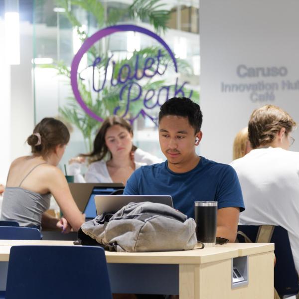 Students working on laptops on campus