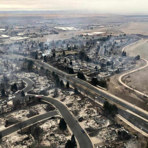 Aerial view of one of the neighborhoods burned by the Marshall Fire.