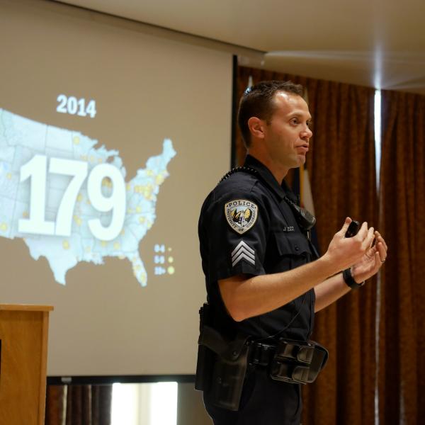 CU Boulder Police Sgt. John Zizz teaches an Active Harmer Class at the UMC Feb. 8, 2017