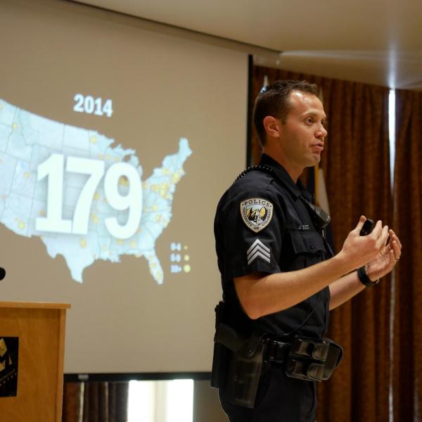 CU Boulder Police Sgt. John Zizz leads active harmer training class on campus
