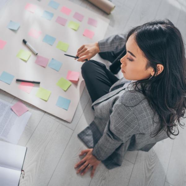 Person placing sticky notes on the floor