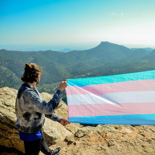 Two people hold up a trans pride flag at the top of a mountain