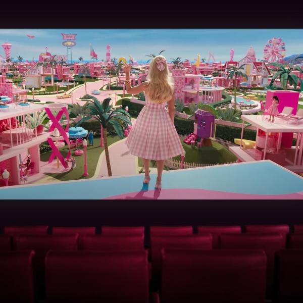 Clip of Barbie movie playing in a theater