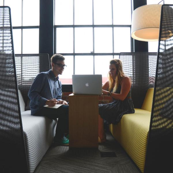 Students sit across table looking at laptop