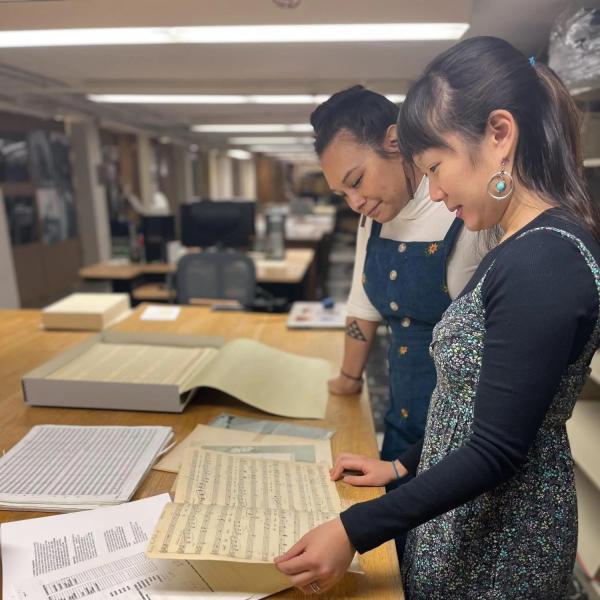 Johnette Martin and Jessica Quah working in the American Music Research Center collections
