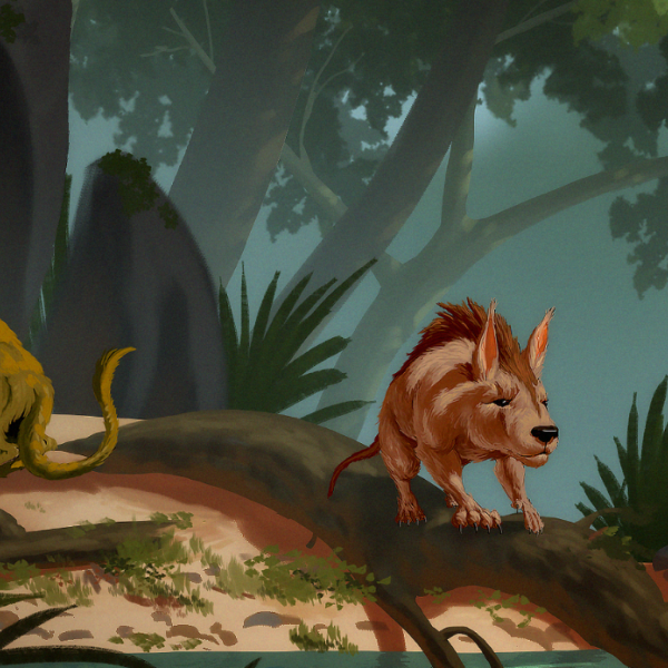 Artist's depiction of three new species of fossil condylarths: From left to right, Conacodon hettingeri, Miniconus jeanninae and Beornus honeyi. (Credit: Banana Art Studio)