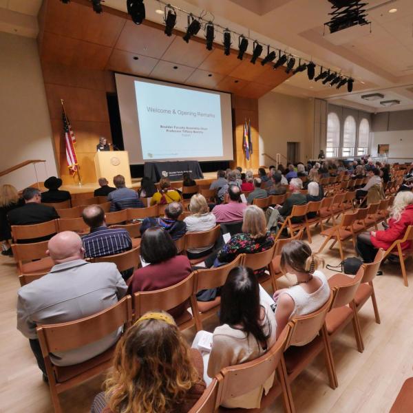 Audience members listen to a presenter during the 2023 BFA awards