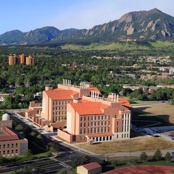 Aerial image of the Jennie Caruthers Biotechnology Building on the CU-Boulder campus.
