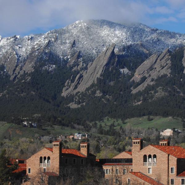 CU Boulder campus with Flatiron mountains in the background