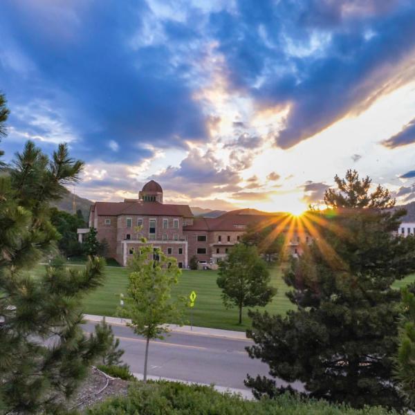 The CU Boulder campus at sunset