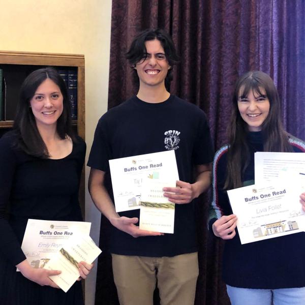Buffs One Read contest winners Emily Reynolds, Taj Dehart and Livia Follet