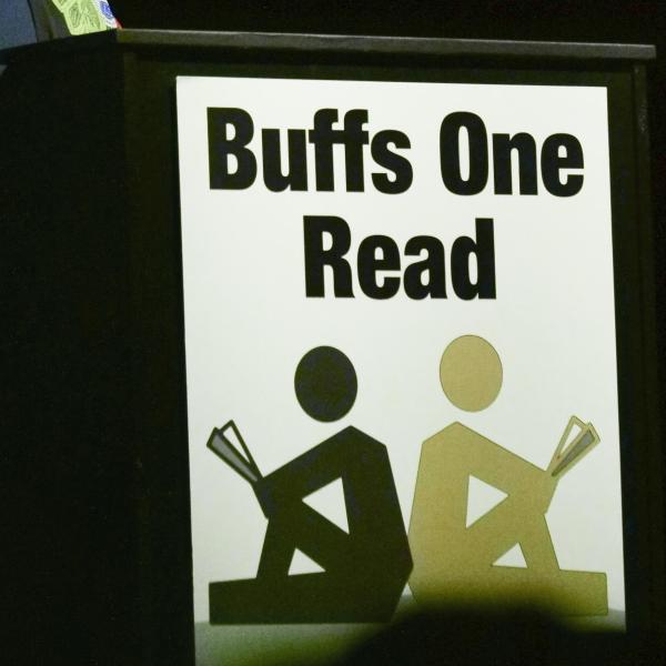 Buffs One Read sign on a podium at the 2022 speaker event