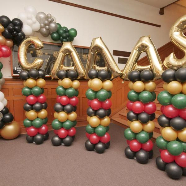 Balloon display adds color and cheer at the Center for African and African American Studies grand opening. (Casey Cass)