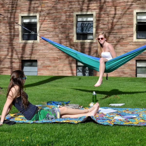 Students lounging on a hammock campus in the summertime