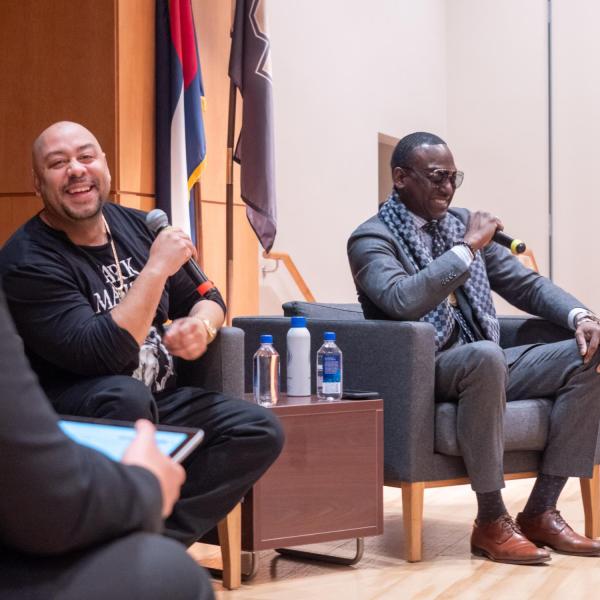Yusef Salaam, right, and Raymond Santana, two of the five "Exonerated Five" who were wrongly convicted of a brutal attack on a Central Park jogger answered questions during an informal Cultural Events Board talk at the University Memorial Center on March 10. 2020. (Photo by Glenn Asakawa/University of Colorado)