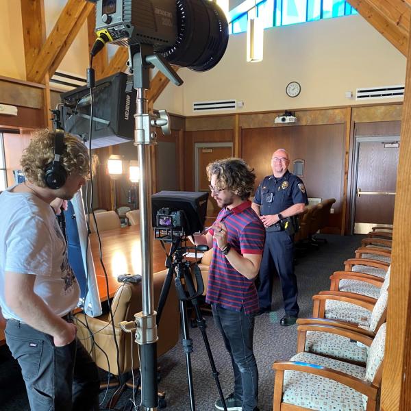 CUPD Deputy Chief Mark Heyart prepares to appear in a training video to support the launch of TV-LAP.